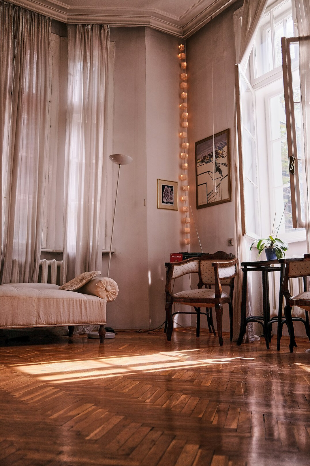 Bright boutique office interior with linen curtains and wood furniture